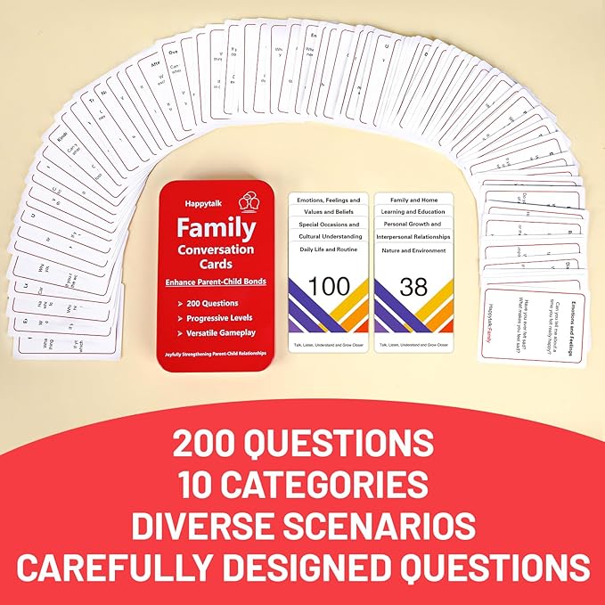 Happytalk Conversation Cards for Kids - 200 Engaging Questions for Family Game Night, Road Trips & Therapy Games, Perfect for Quality Family Time & Fun Conversations
