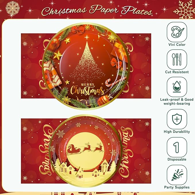 72PCS Christmas Plates and Napkins for Party Decorations, Set of 24 Merry Christmas Disposable Tableware Supplies, Red Gold Christma Tree Paper Plates for Xmas Party
