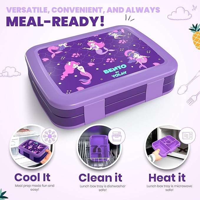 YOLAY Bento Box for Kids Lunch Box Leak-Proof, 5-Compartment Lunch Box Kids for Ages 3-10, Durable with Anti-Slip Base, Suitable for Schools, Outdoor and Travel (Mermaid) (Princess)