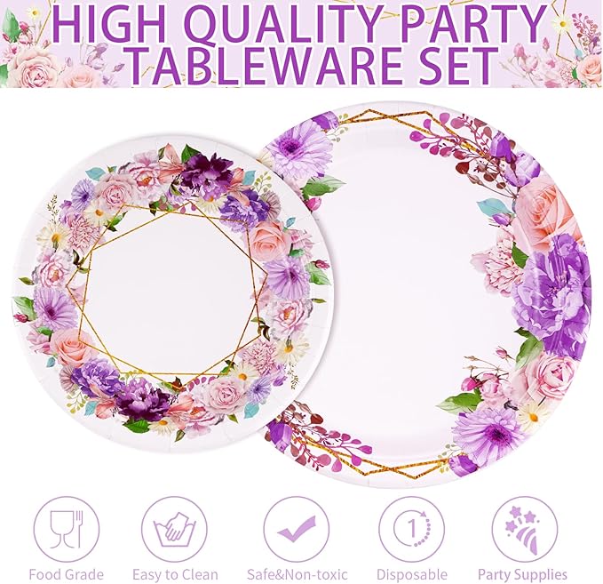 Grencian 96Pcs Spring Floral Party Supplies Pink Purple Flowers Paper Plates and Napkins Disposable Spring Floral Tableware Set for Mother’s Day Tea Party Wedding Bridal Shower Baby Shower, Serves 24