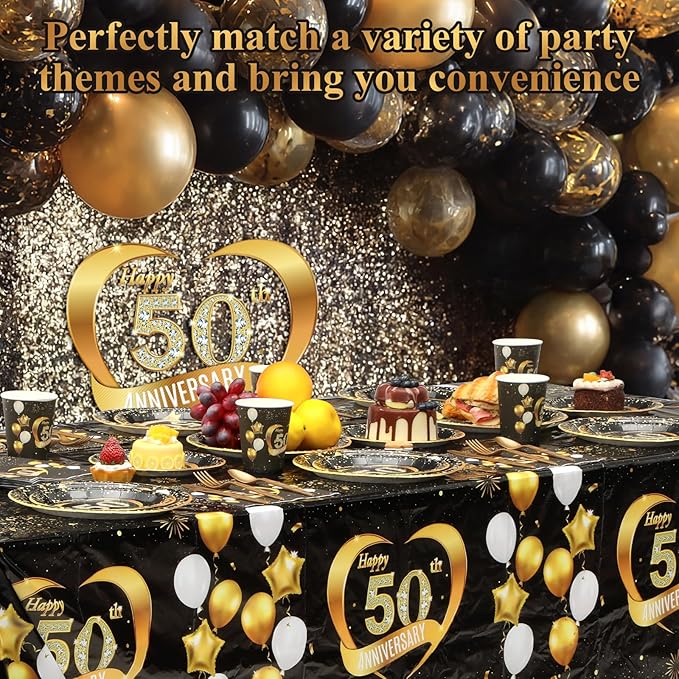 Pickmesh 194 Pcs Black Gold 50th Wedding Anniversary Party Decoration for 24, Happy 50th Anniversary Paper Plates and Napkins Cups Tablecloth Cutlery Set for Employee Career 50 Years Women Men