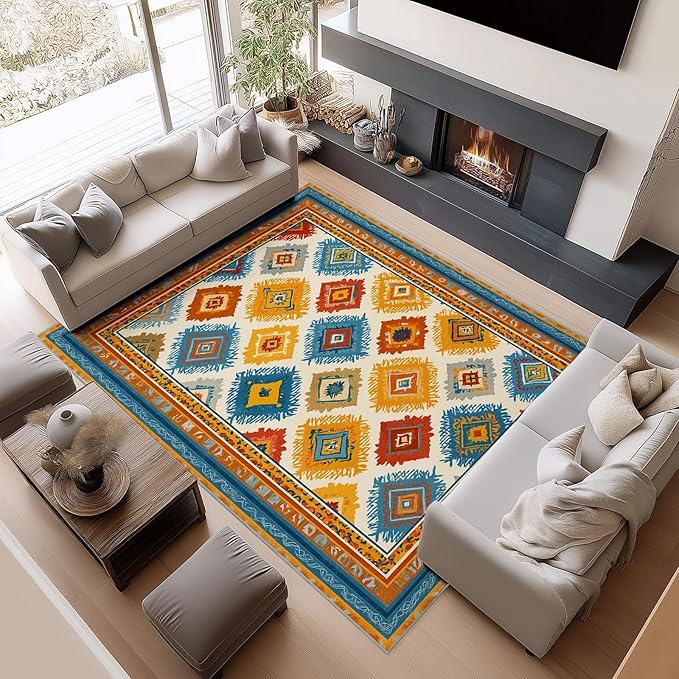 Abstract Geometric Border Washable Area Rug 3×5.2ft, Bohemian Southwestern Tribes Soft Bedroom Rug, Low Pile Non-Slip Floor Carpet for Entryway Kitchen Hallway Bathroom Nursery