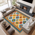 Abstract Geometric Border Washable Area Rug 5×7ft for Living Room, Bohemian Southwestern Tribes Soft Bedroom Rug, Low Pile Non-Slip Floor Carpet for Dining Room Nursery Home Office
