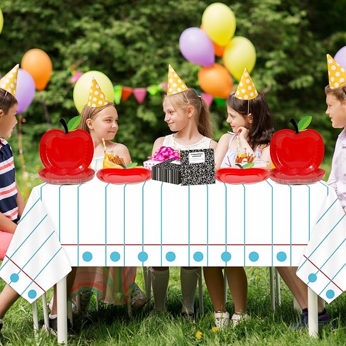 Back to School Party Supplies Serves 24 First Day of School Decorations Party Paper Plates Napkins Red Apple Composition Notebook Disposable Tablecloth Set Tableware Kit for Preschool Teacher Party