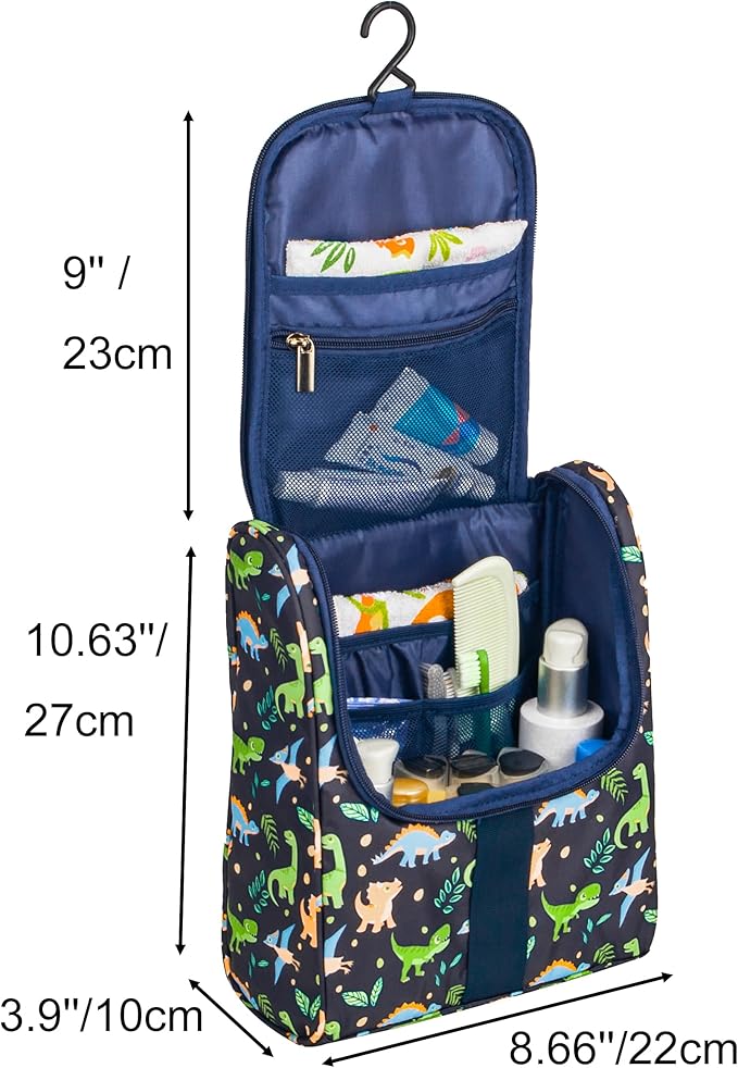 Remobia Hicol Cute Cartoon Hanging Kids Toiletry Bag Children Travel Cosmetic Makeup Organizer Wash Bag Shower bag Over Night Bag Camping Shaving Kit Bag for Boys & Girls (Dinosaurs)