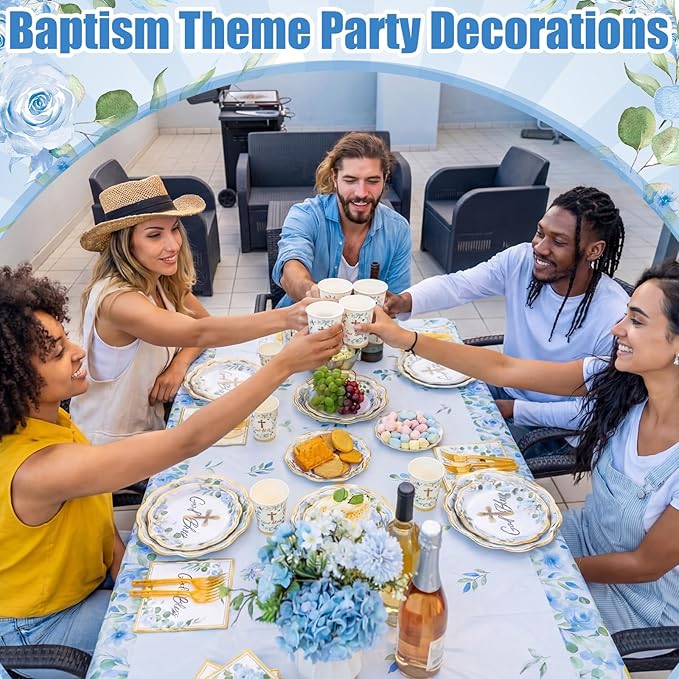 Pickmesh 194 Pcs God Bless Baptism Party Decoration Boy for 24, Blue Floral Baptism Confirmation Paper Plate Napkin Cup Tablecloth Cutlery for First Holy Communion Christening Baby Shower Supplies
