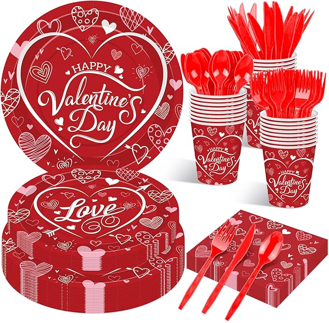 175 Pcs Valentine's Day Tableware Set - Serves 25, Heart and Love-Themed Disposable Plates, Cups, Napkins, Forks, Spoons, Knives for Valentine, Wedding Party Supplies, Romantic Holiday Gatherings
