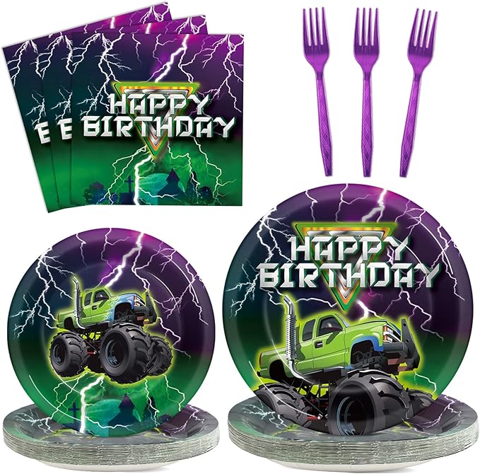 CHUNNIN 96 PCS Monster Truck Plates and Napkins for Birthday Party Supplies Monster Truck Racing Car Theme Paper Dessert Plates Green Purple Tableware Set for 24 Guests Kids Birthday Party Decorations