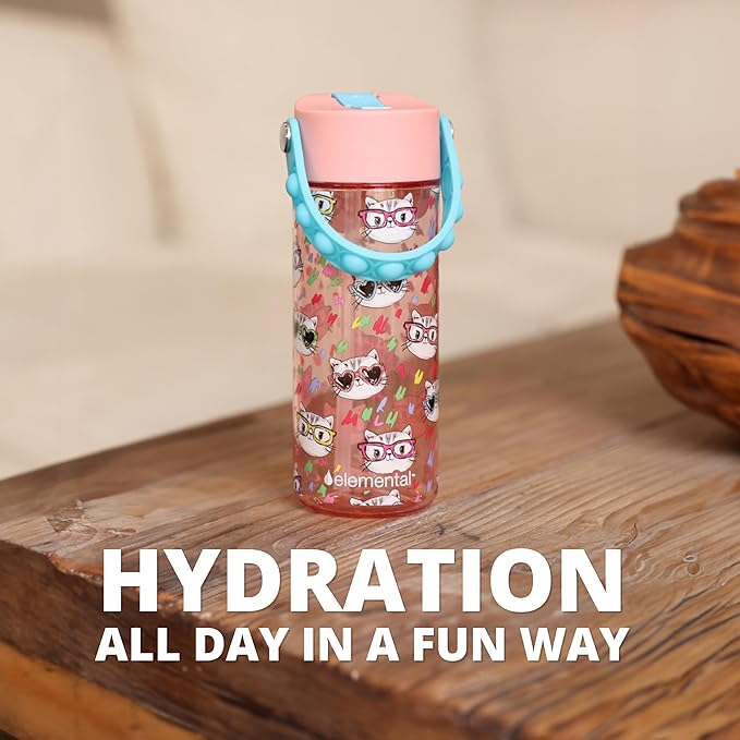 Elemental Leak Proof Water Bottles for Kids - Splash Kids Water Bottle for School with Pop-it Handle - Tritan Plastic Water Bottle with Straw - Stylish Cat & Spring Blossom - 18oz (2 Pack)