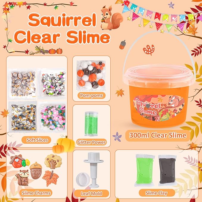 Squirrel Orange Slime Kit, Clear Slime Bucket with Clay, 10 Packs of Add-ins, Slimes Party Favors for Kids, Sensory Toys Experience DIY Slimes Kit, Birthday Easter Hallowmas Gift for Girls & Boys