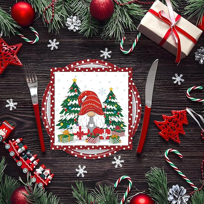 72Pcs Christmas Gnomes Plates and Napkins, Xmas Tree Paper Plates Santa Claus Party Supplies Disposable, Merry Christmas Themed Dessert Tableware Set for Xmas Holiday Winter Party Table Decorations
