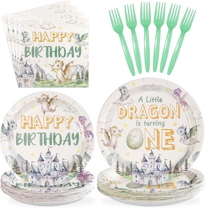 96Pcs Dragon Baby Shower Party Decorations A Little Dragon is Turning One Plates and Napkins Cartoon Dinosaur Theme Tableware Sets for Kids 1st Welcome Baby Birthday Party Supplies Serves 24