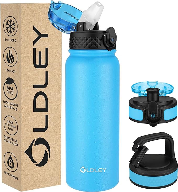 OLDLEY Insulated Water Bottle 20oz Water Bottles with Straw, Stainless Steel Water Bottle with 3 Lids, Double Wall Vacuum Bottles for Adult Kids, Sports Bottles for School Travel,Blue