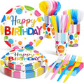 Meanplan Serves 24 Guests Happy Birthday Plates and Napkins Rainbow Polka Dot Birthday Tableware Set Rainbow Dot Party Decorations for Kids Included Cups Knives Forks Spoons Total 168 Pcs