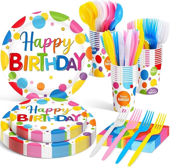 Meanplan Serves 24 Guests Happy Birthday Plates and Napkins Rainbow Polka Dot Birthday Tableware Set Rainbow Dot Party Decorations for Kids Included Cups Knives Forks Spoons Total 168 Pcs