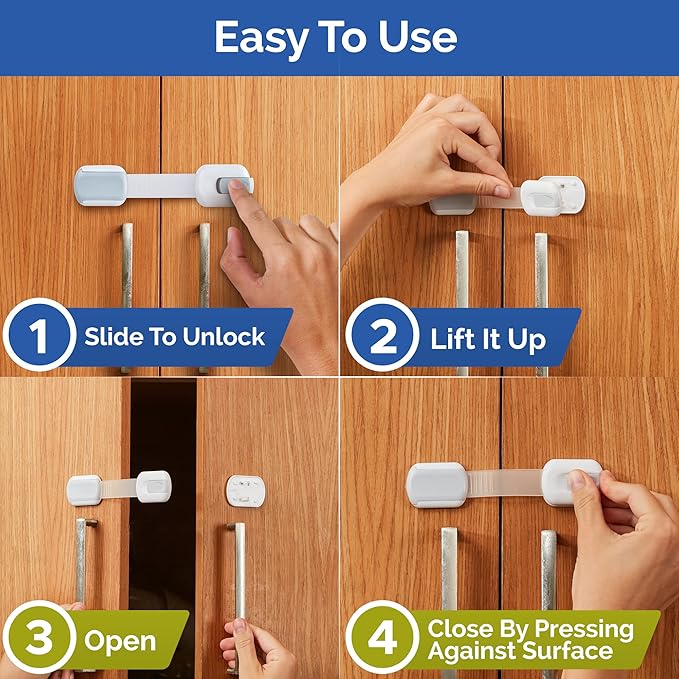 Child Safety Strap Locks (6-Pack) Baby Locks for Cabinets and Drawers, Toilet, Fridge & More. 3M Adhesive Pads. Easy Installation (White/Gray)