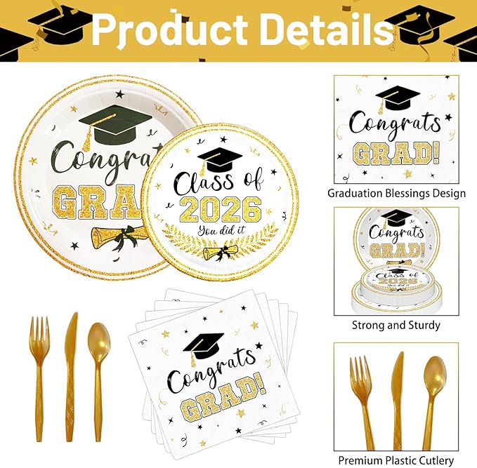 175 Pcs Graduation Tableware Set Party Supplies - Serves 25, Congrats Grad Class of 2026 Disposable Plates, Cups, Napkins, Forks, Spoons, Knives for High School, College Graduation, Prom Decorations