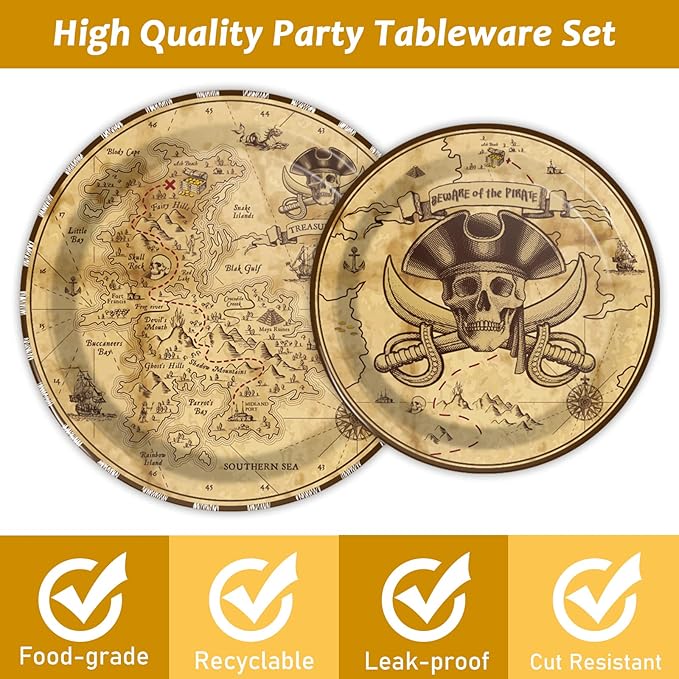 gisgfim 96 Pcs Pirate Party Plates and Napkins Party Supplies Pirate Tableware Set Pirates Decorations Favors for Birthday Baby Shower for 24 Guests