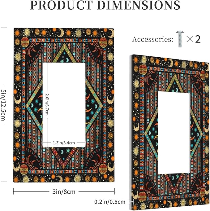 Outlet Covers Boho Burning Sun Hippie Retro Bohemian Gypsy 1 Gang Wall Plate Single Rocker Light Switch Cover Decorative GFCI Receptacle Cover Electrical Switchplate for Bathroom Home Decor