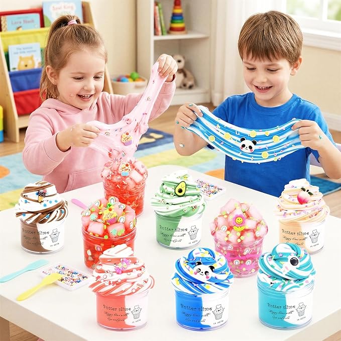 9 Pack Slime Kit, 6 Two-Color Butter & 3 Jelly Cube Crunchy Slime, Stress Relief, Soft Non-Sticky, for Kids Party Favors, School & Family Sensory Toy