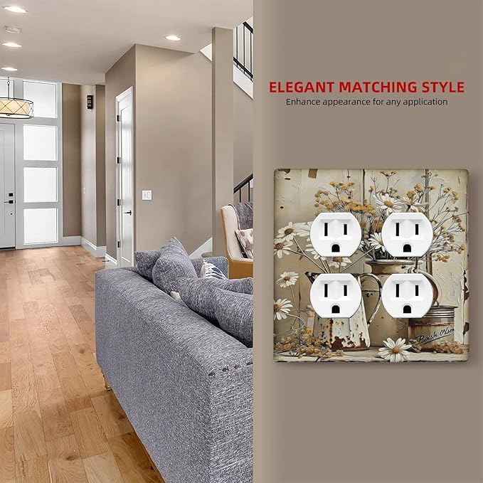 Rustic Flowers Daisy Floral White Wooden Planks Outlet Covers 2 Gang Double Duplex Decorative Light Switch Covers Electrical Wallplates Socket Faceplate for Farmhouse Home Decor