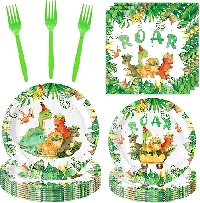 96 Pcs Dinosaur Party Supplies for Kids Birthday – Disposable Dinosaur Tableware Set with Plates, Napkins & Forks, Dinosaur Theme Party Decorations for Boys Girls,Serves 24 Guests
