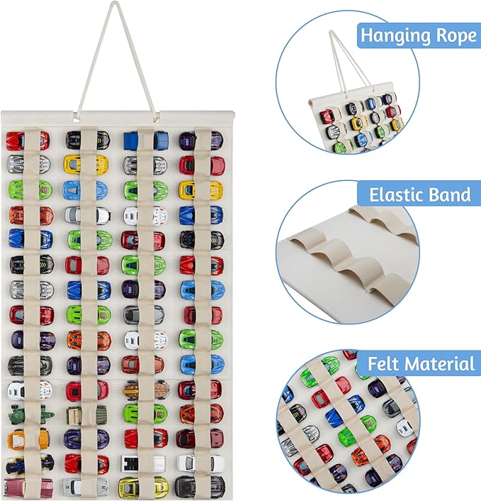 Hanging Storage Organizer for Toy Cars Felt Display Case Hold Up 60 Toy Cars (Cream)