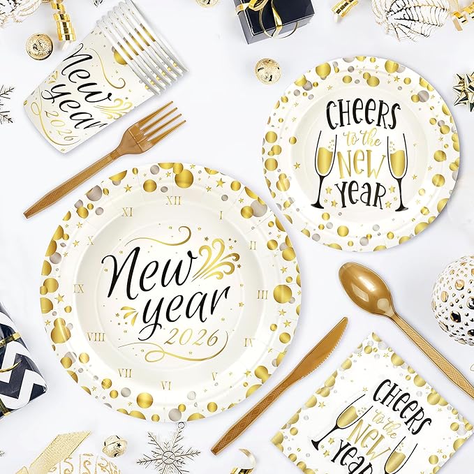 168pcs Happy New Year Party Supplies, White and Gold Paper Plates Napkins Cups and Gold Cutlery for 24 Guests, 2026 New Year Disposable Tableware Supplies for Party Decorations