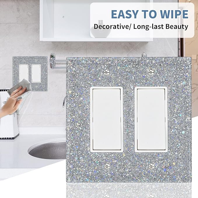 2-Gang Light Switch Cover Plate - Shiny Deep Silver Mirror Finish,5.1"x5.1",Sparkling Design for Outlet or Double Rocker Switch