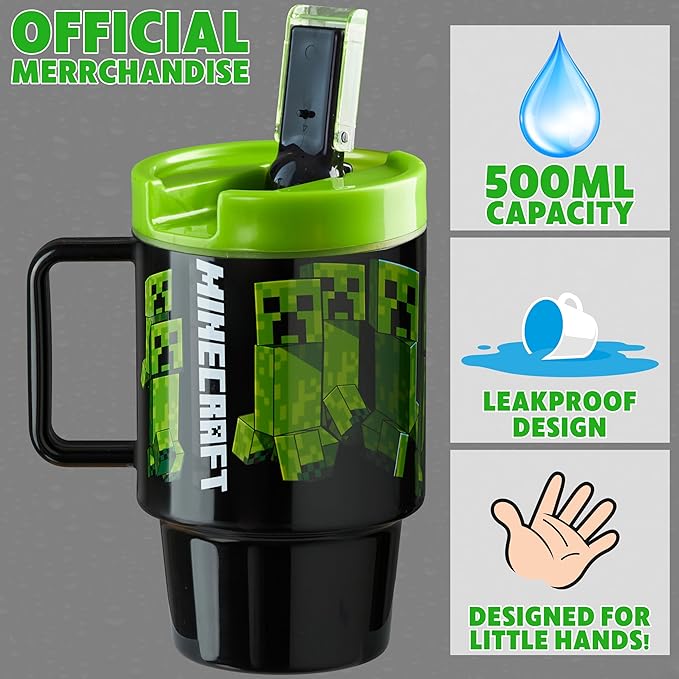 Get Trend Minecraft Kids Water Bottle with Straw 16.9 oz BPA Free Plastic Leakproof Cup with Lid Handle Reusable Drinking Tumbler Gifts for Kids (Green Minecraft)
