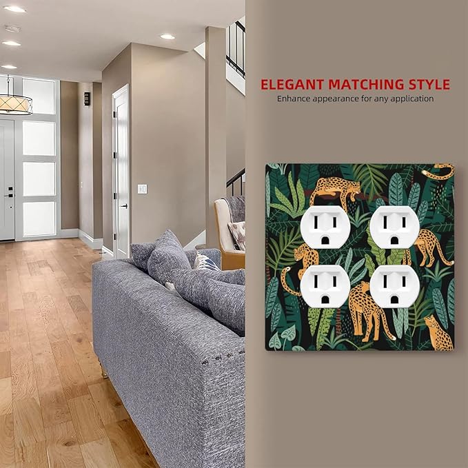 Jungle Cheetah Tropical Wildlife Leopard Green Palm Leaf Outlet Covers 2 Gang Double Duplex Decorative Light Switch Covers Electrical Wallplates Socket Faceplate for Farmhouse Home Decor