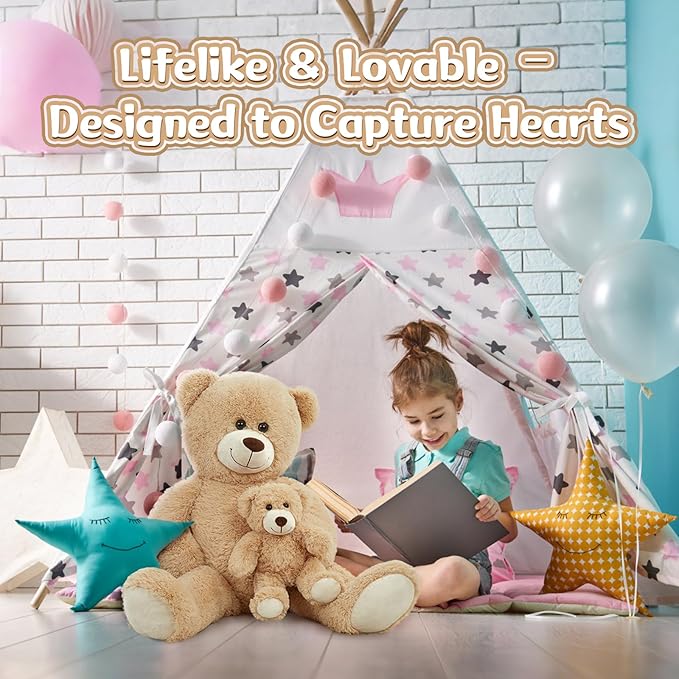 MorisMos Decorations Teddy Bear with Baby for Baby Shower, 39 Inch Soft Bear Stuffed Animal, Gift for Birthday Kids Girls Boys, Party Favor, Tan