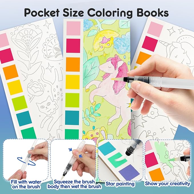 3pack Watercolor Painting Coloring Books, Paint with Water Arts & Crafts Kit for Kids, Pocket Watercolor Paint Bookmarks, Class Activities Art Supplies Party Favors Birthday Gift for Boys and Girls