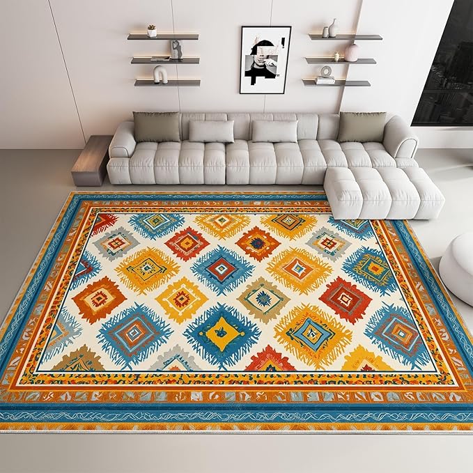 Abstract Geometric Border Washable Area Rug 3×10ft, Bohemian Southwestern Tribes Soft Bedroom Rug, Low Pile Non-Slip Floor Carpet for Entryway Kitchen Hallway Bathroom Nursery