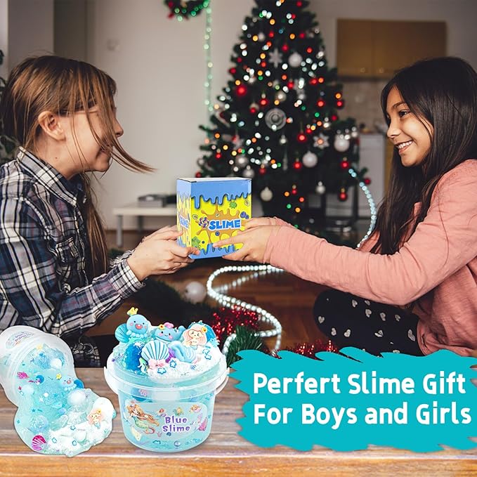 10 FL OZ Mermaid Clear Slime Kit, Blue Slime Bucket, Slimes Party Favors for Kids, Glimmer Crunchy Slimes Includes 9 Packs of Add-ins, Sensory Experience DIY Toys for Girls and Boys Ages 8-12