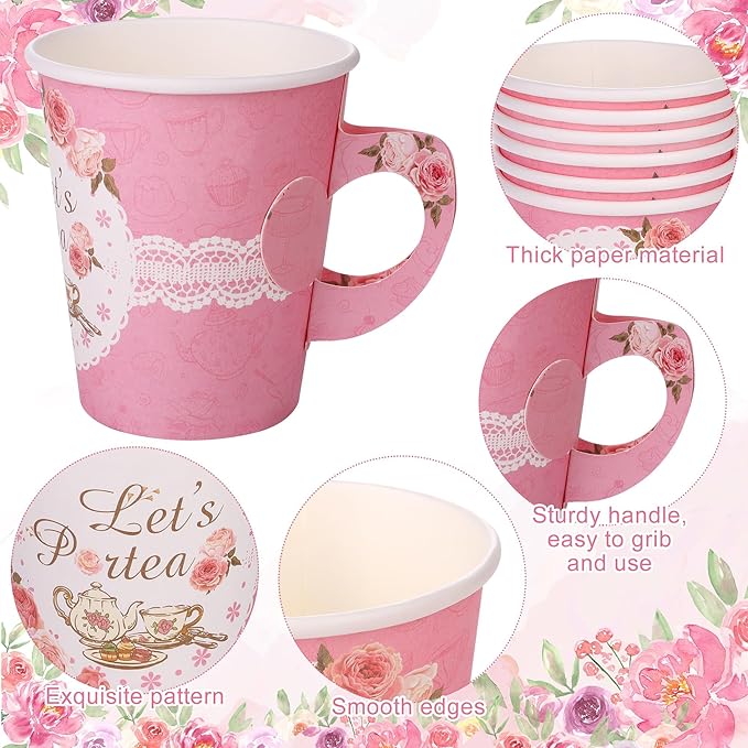 Kochorie 192 Pcs Tea Party Tableware Sets Disposable Let's Partea Party Supplies Plates Cups Napkins Cutlery Serves 24 with Teacups and Saucers Sets for Birthday Wedding Baby Shower Party Decorations