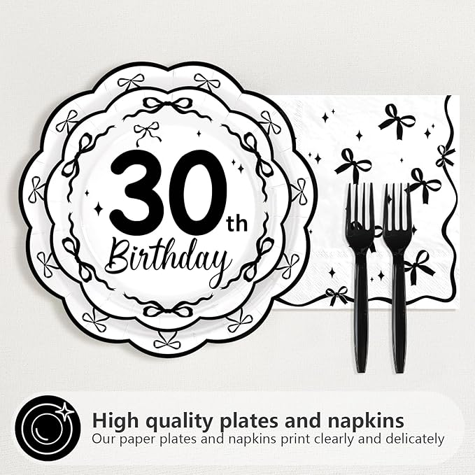 96Pcs Black Bow 30th Birthday Party Decorations She's Tying up Her Twenties Plates and Napkins Scalloped Black and White Bow Tableware Set for 30 Years Old Women Rip 20s Birthday Supplies Serves 24
