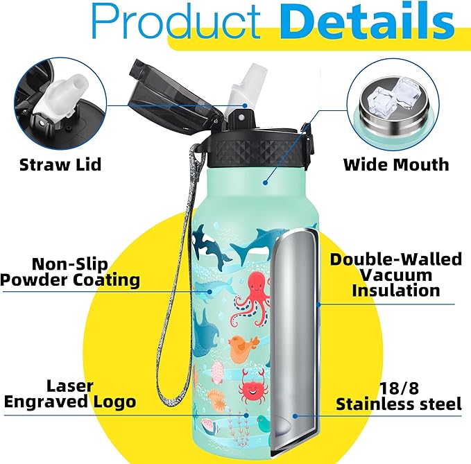 Han's Bottle Kids Water Bottle with Straw Lid - Insulated Stainless Steel Reusable Tumbler for Girls,Boys,Thermo Mug,17oz,Ocean Fish