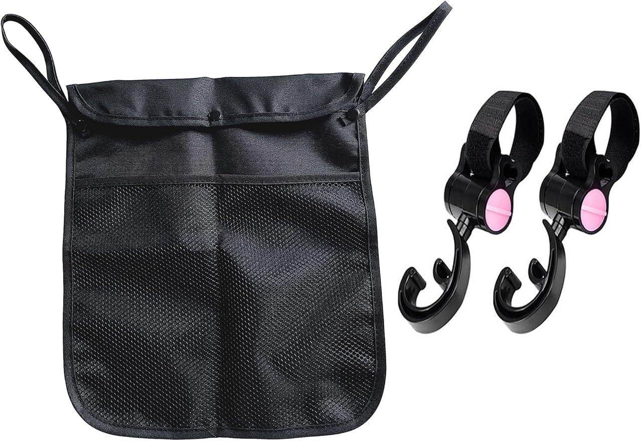 Umbrella Stroller Organizer With Two pockets for diapers, wipes,snacks and other necessities,Detachable Straps,with 2 extra Plastic Organizer Hooks (Pink)