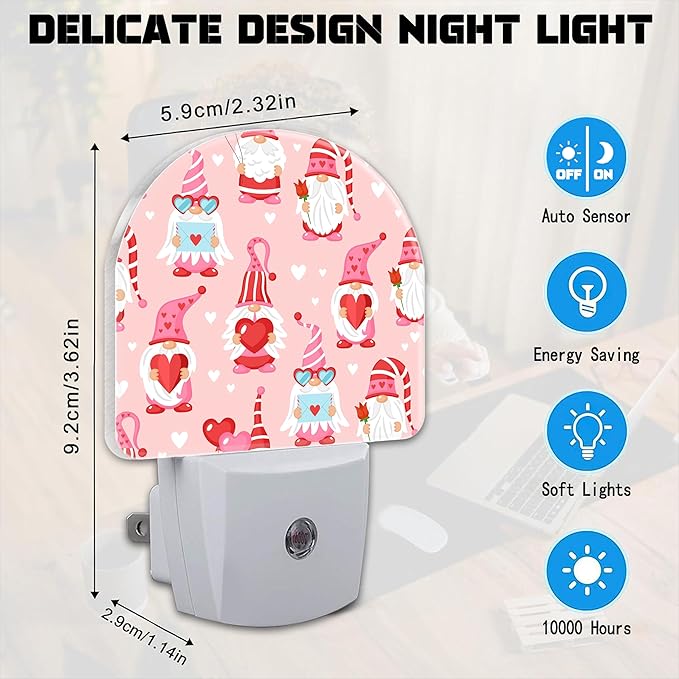 Cute Love Gnomes Night Lights,Gnomes with Red Hearts Plug in Night Light with Dusk to Dawn Sensor, 0.5w Energy Saving Nightlight for Hallway Stairway Birthday Mother's Day Gifts