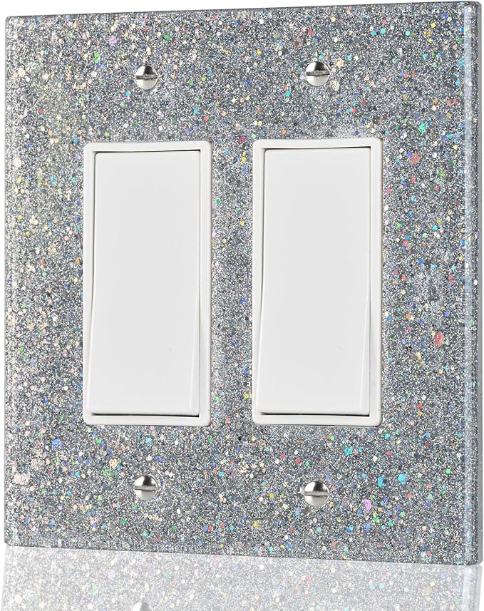 2-Gang Light Switch Cover Plate - Shiny Deep Silver Mirror Finish,5.1"x5.1",Sparkling Design for Outlet or Double Rocker Switch
