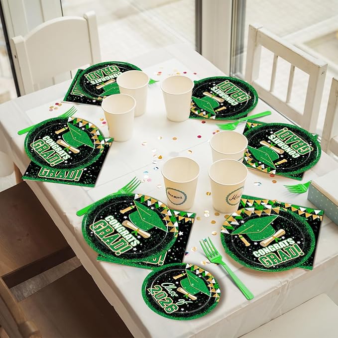 Kepeel 200Pcs 2026 Graduation Party Tableware Set, Green Gold Class of 2026 Party Decorations Supplies for Boys Girls Congratulate Graduation Disposable Paper Napkins Forks Favors, Serve 50