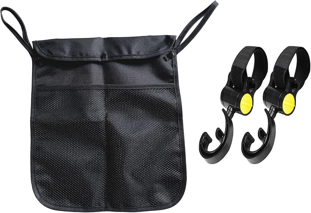 Baby Stroller Organizer With Two compartments Front Mesh Pocket for Bottle Nappy Diaper Storage, Detachable Straps,2pcs Organizer Hooks (Yellow)