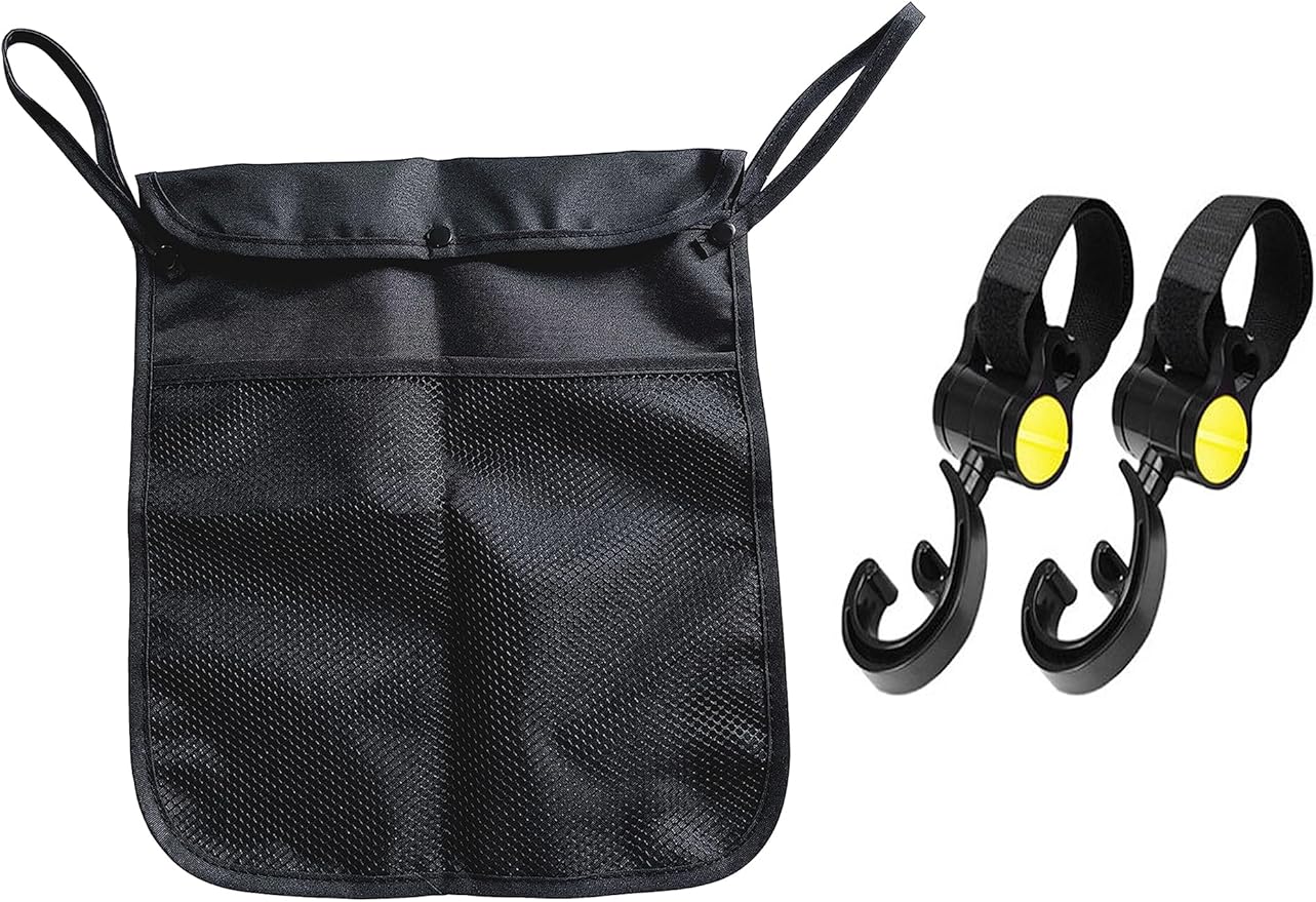 Baby Stroller Organizer With Two compartments Front Mesh Pocket for Bottle Nappy Diaper Storage, Detachable Straps,2pcs Organizer Hooks (Yellow)