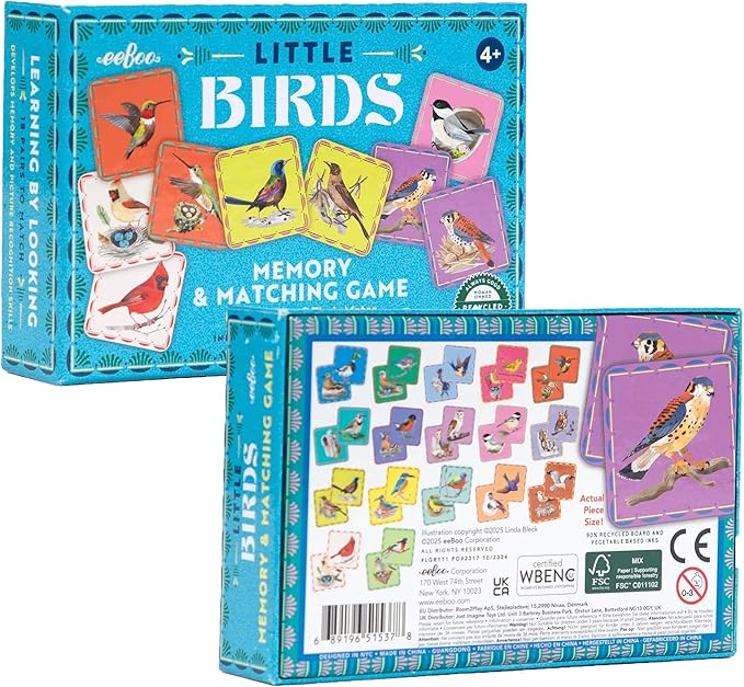 eeBoo: Memory & Matching Game- Little Birds- 18 Illustrated Matching Pairs, Concentration Tile Game, Informational Insert, Kids Ages 4+, 1-4 Players