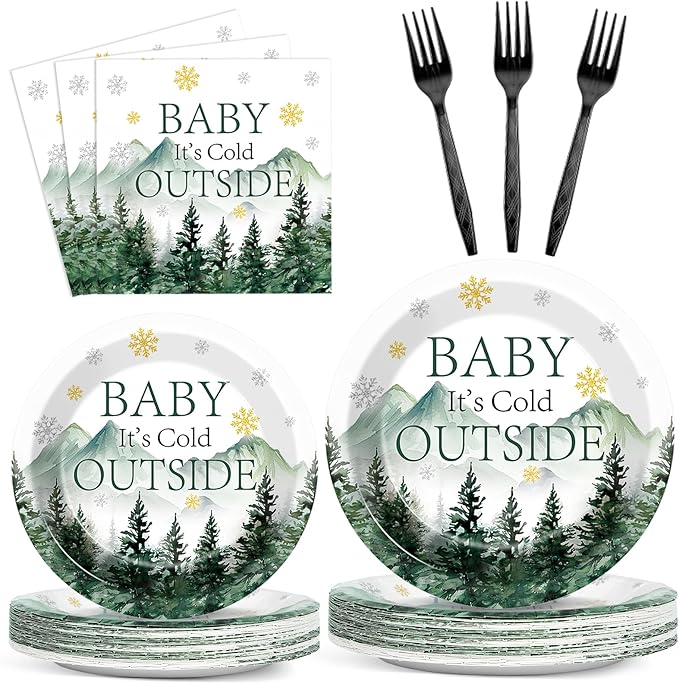 96Pcs Baby It's Cold Outside Plates and Napkins for Winter Baby Shower Party Supplies Forest Wonderland Dessert Disposable Plates Snowflake Tableware Set for 24 Guests Birthday Party Decorations