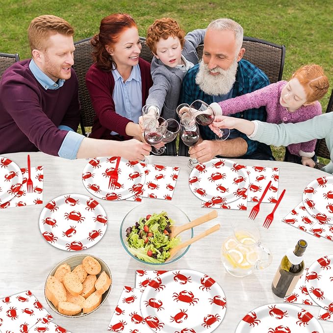 Qyeahkj 100 Pcs Crab Party Decoration Set - Paper Plate Napkin Fork Set for Summer Crab Dinnerware Tableware Supplies - Serves 25