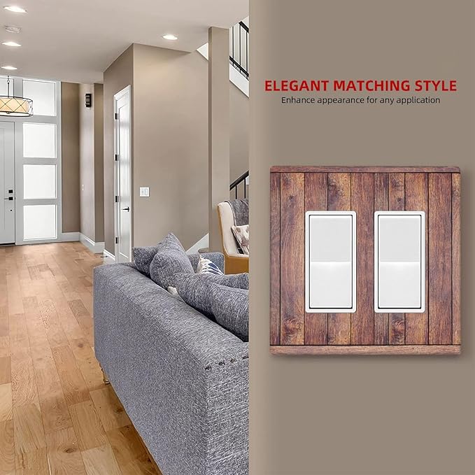 Decorative Outlet Covers with Wood Texture Rustic Vertical Planks Brown Design 2 Gang Wall Plate Double Rocker Light Switch Cover Switch Plate Cover Vintage Aesthetic Kitchen/Bedroom Decor