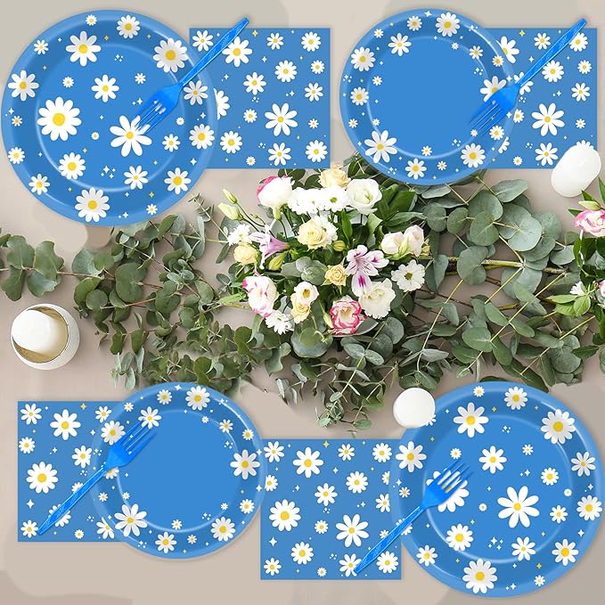 Justforjoyful 96Pcs Daisy Birthday Party Supplies Groovy Flower Paper Plates and Napkins Spring Floral Disposable Dinner Dessert Tableware Set for Blue Baby Shower Birthday Party Decorations Serve 24