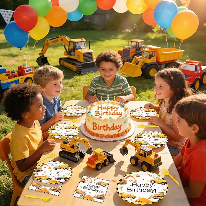 100 Pcs Construction Birthday Party Decorations, Construction Theme Plates and Napkins Forks Set, Disposable Dump Truck Tableware Set for Kids Boys Birthday Party Supplies, 25 Guests